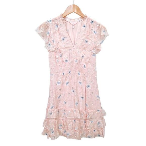 NWT Rebecca Taylor Silk Ruffle V Neck Mini Dress Pastel Pink Floral size S - Picture 2 of 13
